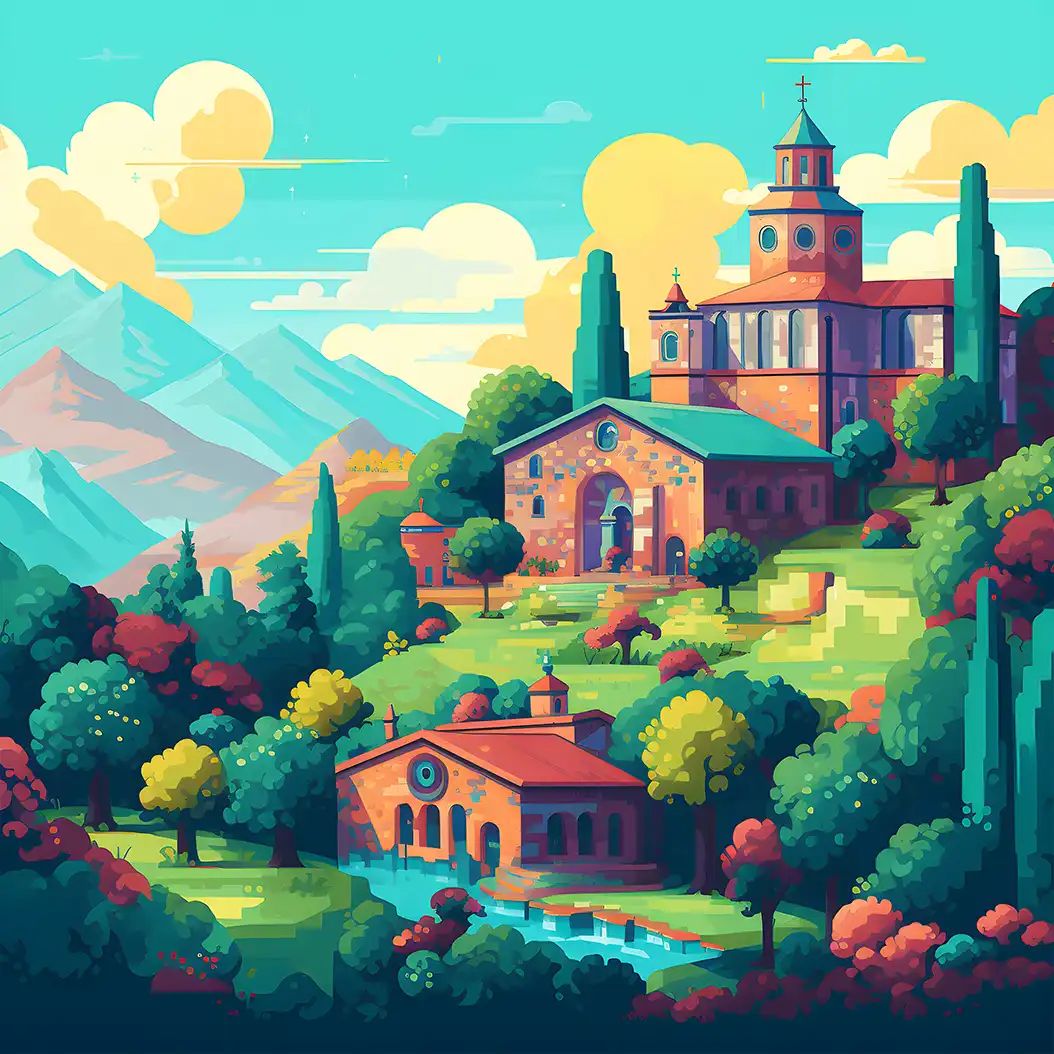 Colorful digital illustration of an Italian hillside village with a church, cypress trees, and mountains under a bright sky.