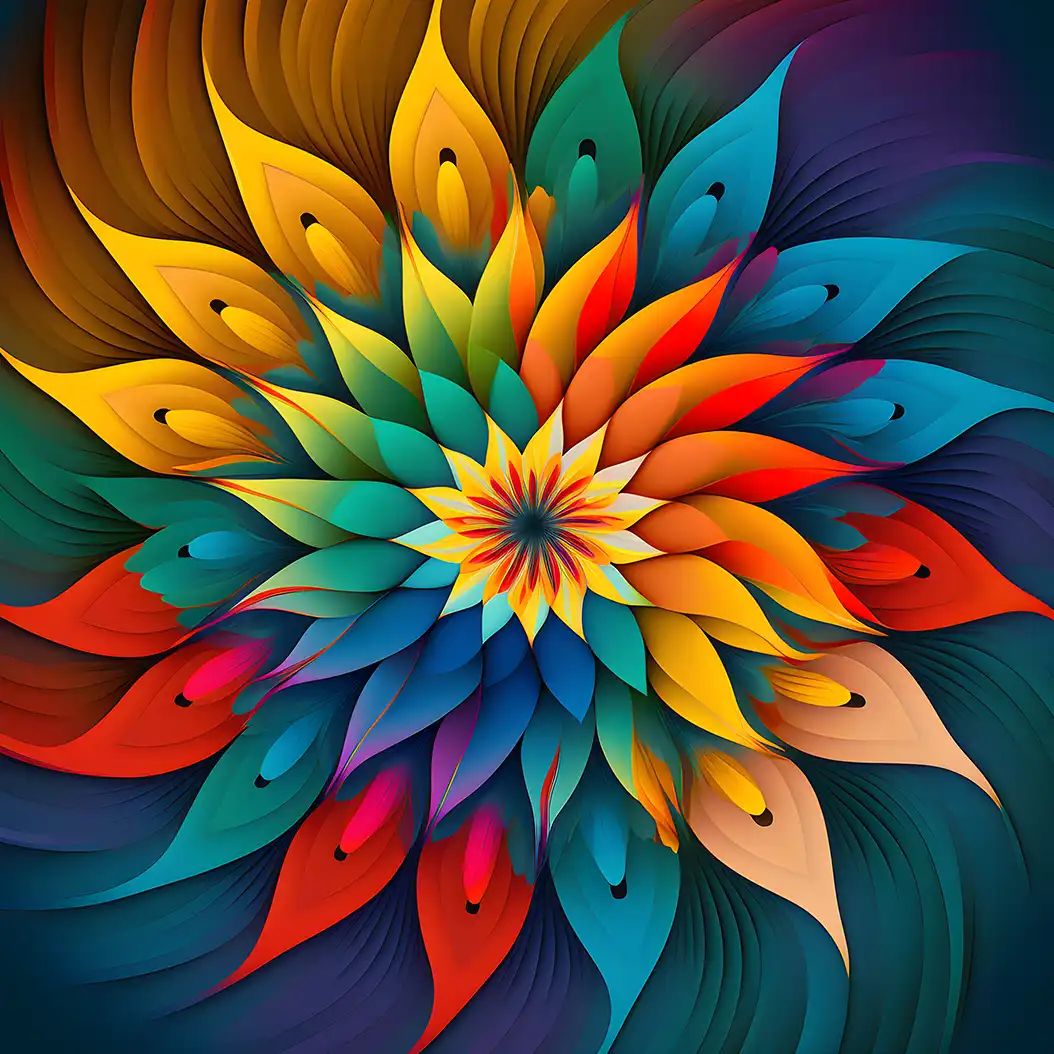 Abstract colorful floral mandala inspired by layered petals and spring blooms.