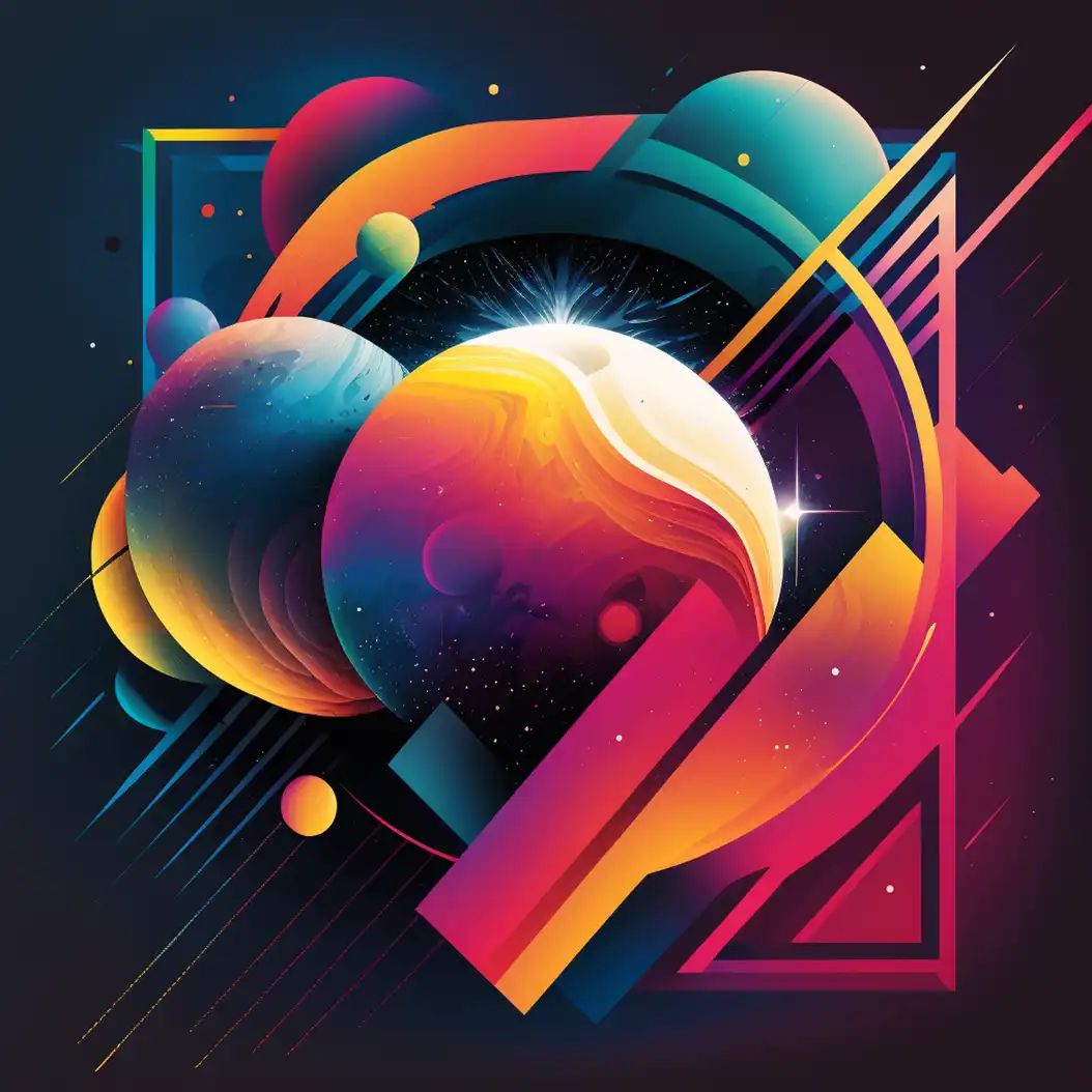 A vibrant digital illustration of colorful abstract planets surrounded by bold geometric shapes and streaks against a dark cosmic background.