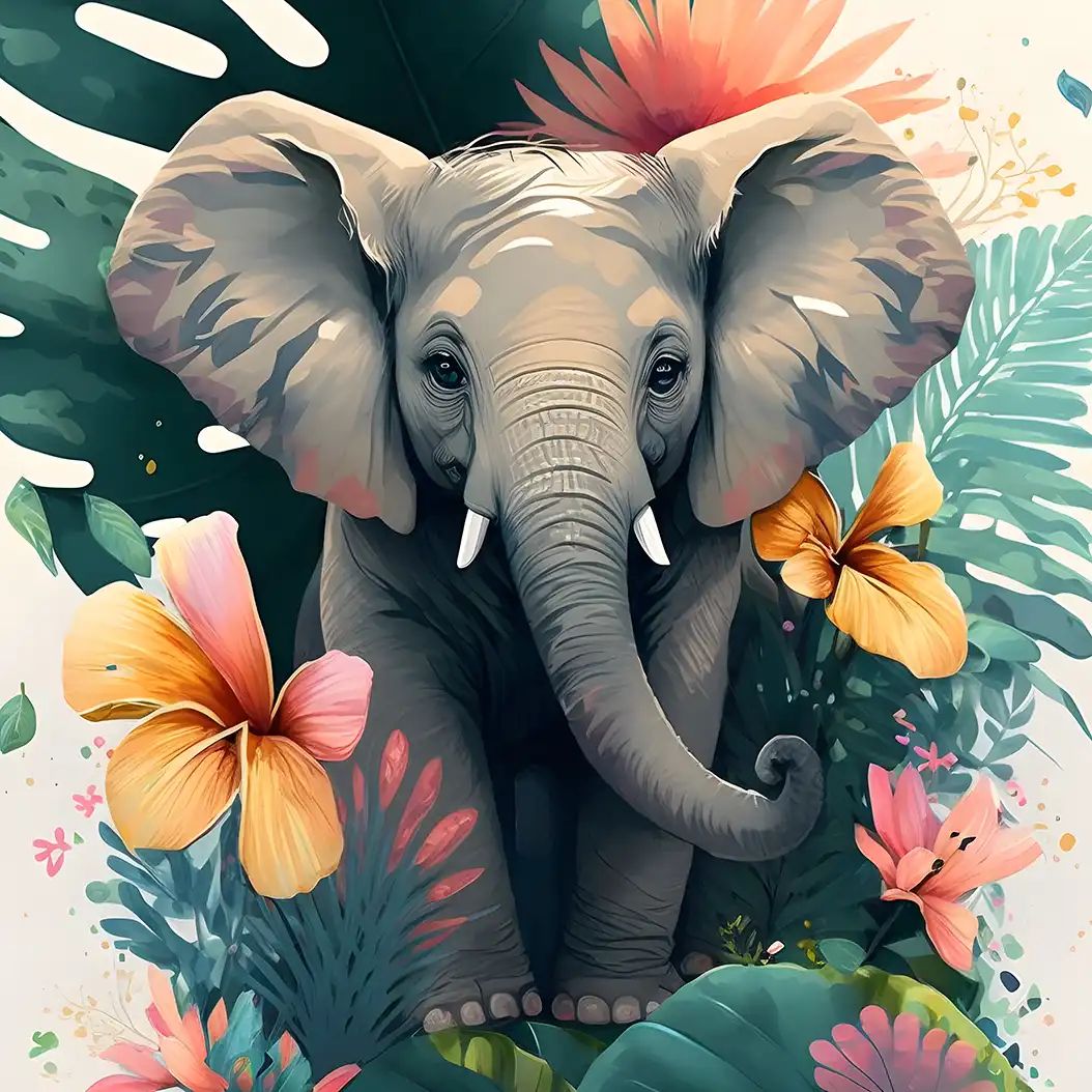 Digital illustration of an adorable baby elephant surrounded by tropical leaves and colorful hibiscus flowers.