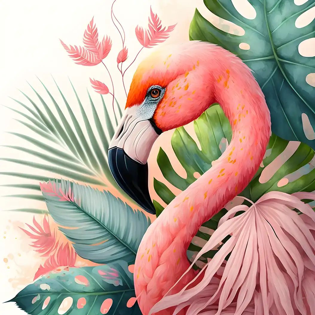 Digital illustration of a pink flamingo's head and curved neck surrounded by tropical palm and monstera leaves.