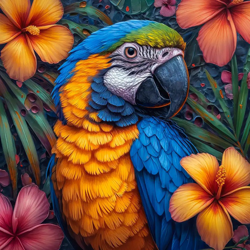 A close-up illustration of a vibrant blue and gold macaw parrot surrounded by colorful tropical hibiscus flowers and green foliage.