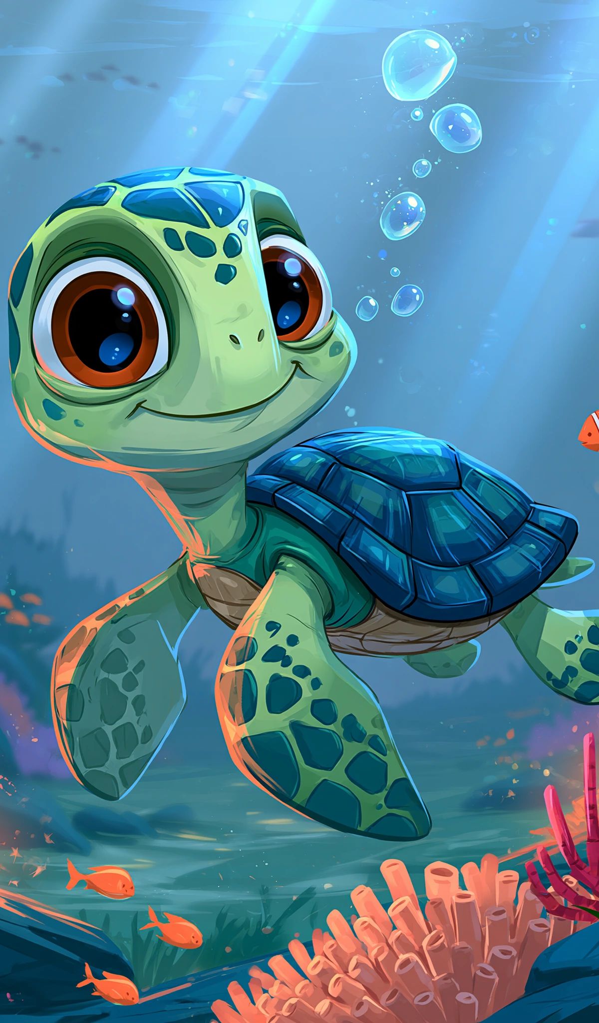 A cute cartoon sea turtle with large expressive eyes and a blue shell swimming in a colorful underwater scene with coral, seaweed, and small orange fish