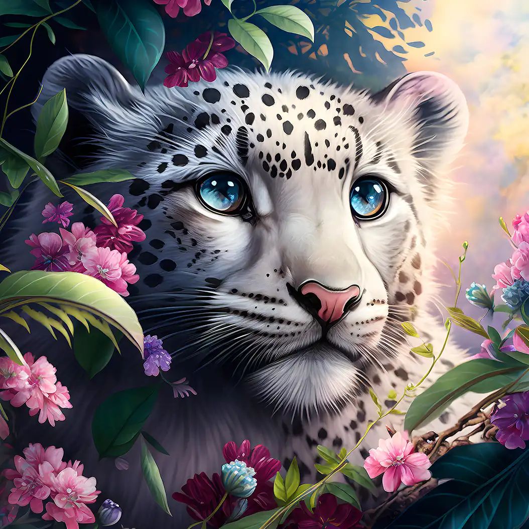 Digital illustration of an adorable snow leopard cub with striking blue eyes surrounded by colorful pink and purple flowers and green leaves.