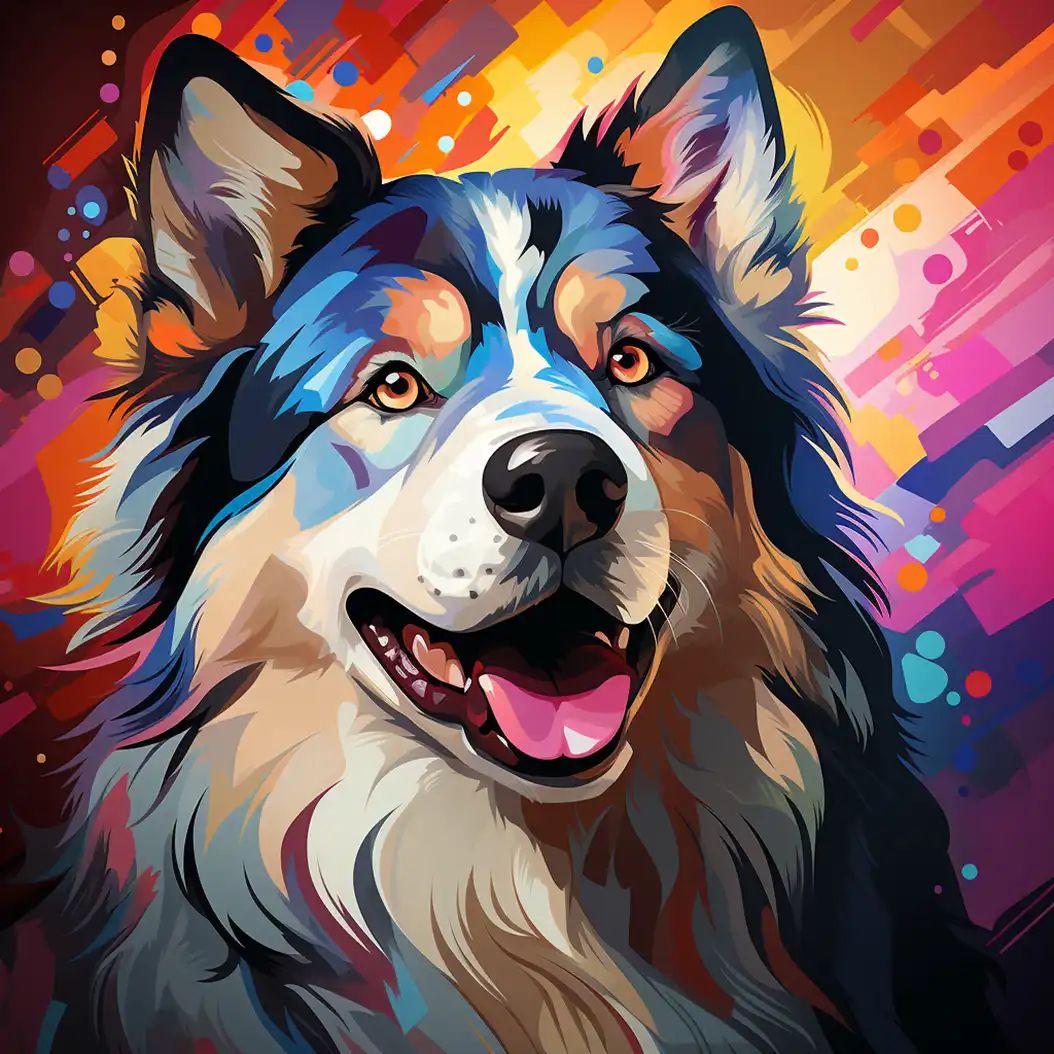 Vibrant digital painting of a smiling Alaskan Malamute with bold colorful abstract effects.