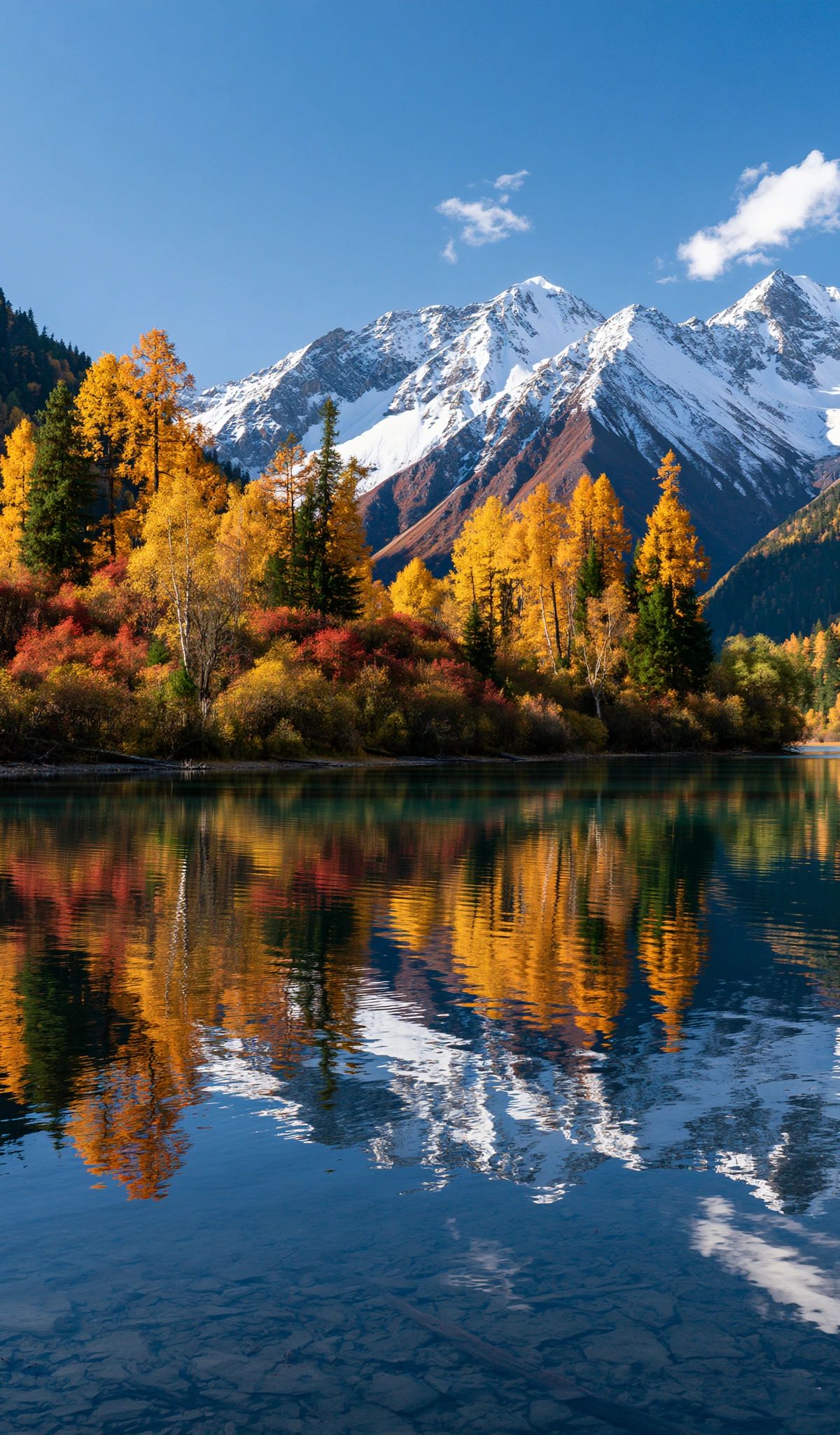 A serene alpine lake reflecting snow-capped mountains and golden larch trees in autumn, with clear blue sky above