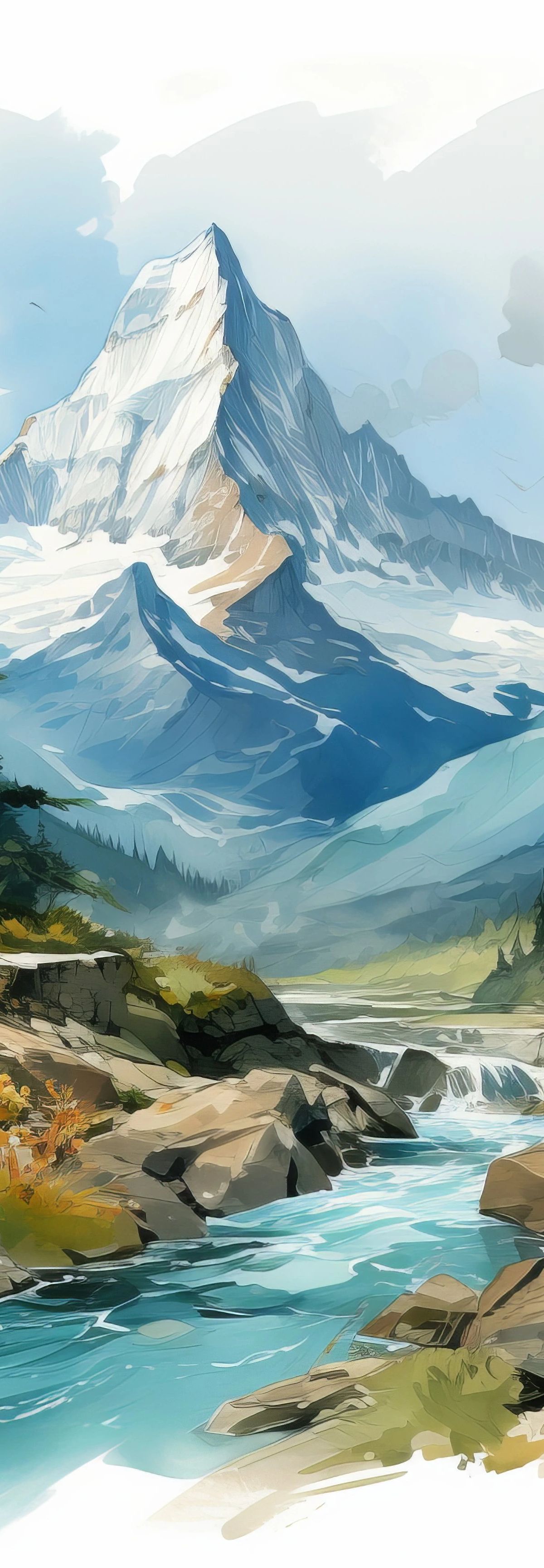 A painted landscape featuring a snow-covered mountain peak in the background with a turquoise river in the foreground, surrounded by evergreen trees, rocky terrain, and distant blue mountains under a cloudy sky.