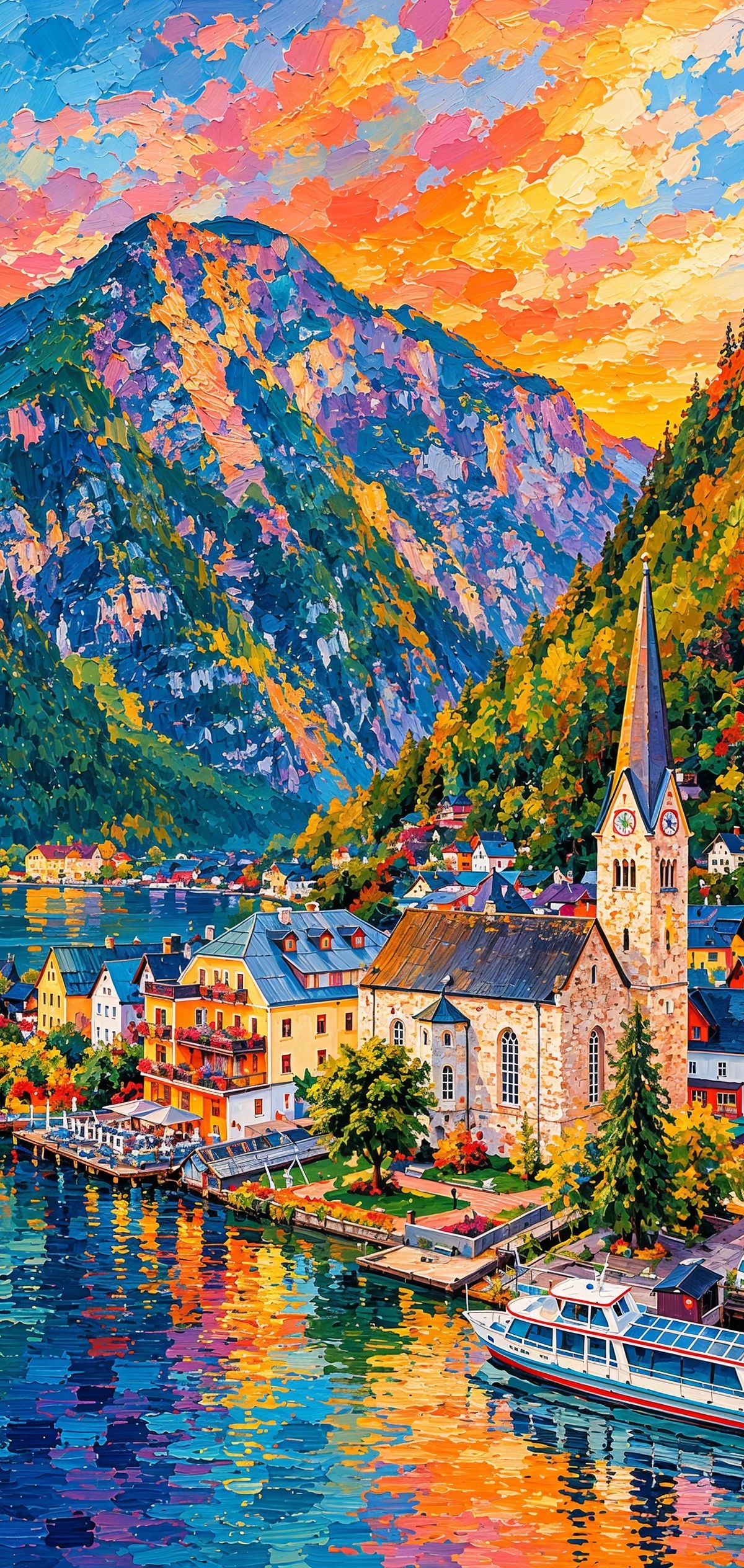 A vibrant painted landscape of an Alpine village with a white church nestled on the shore of a blue lake, surrounded by forested mountains under a colorful sunset sky.