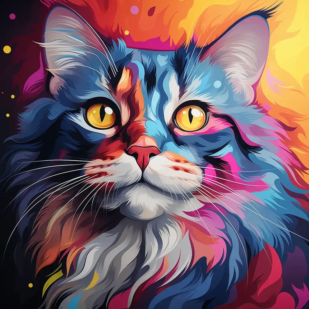 Vibrant digital illustration of a cat's face with curled ears, bright yellow eyes, and multicolored fur in blues, pinks, and oranges.