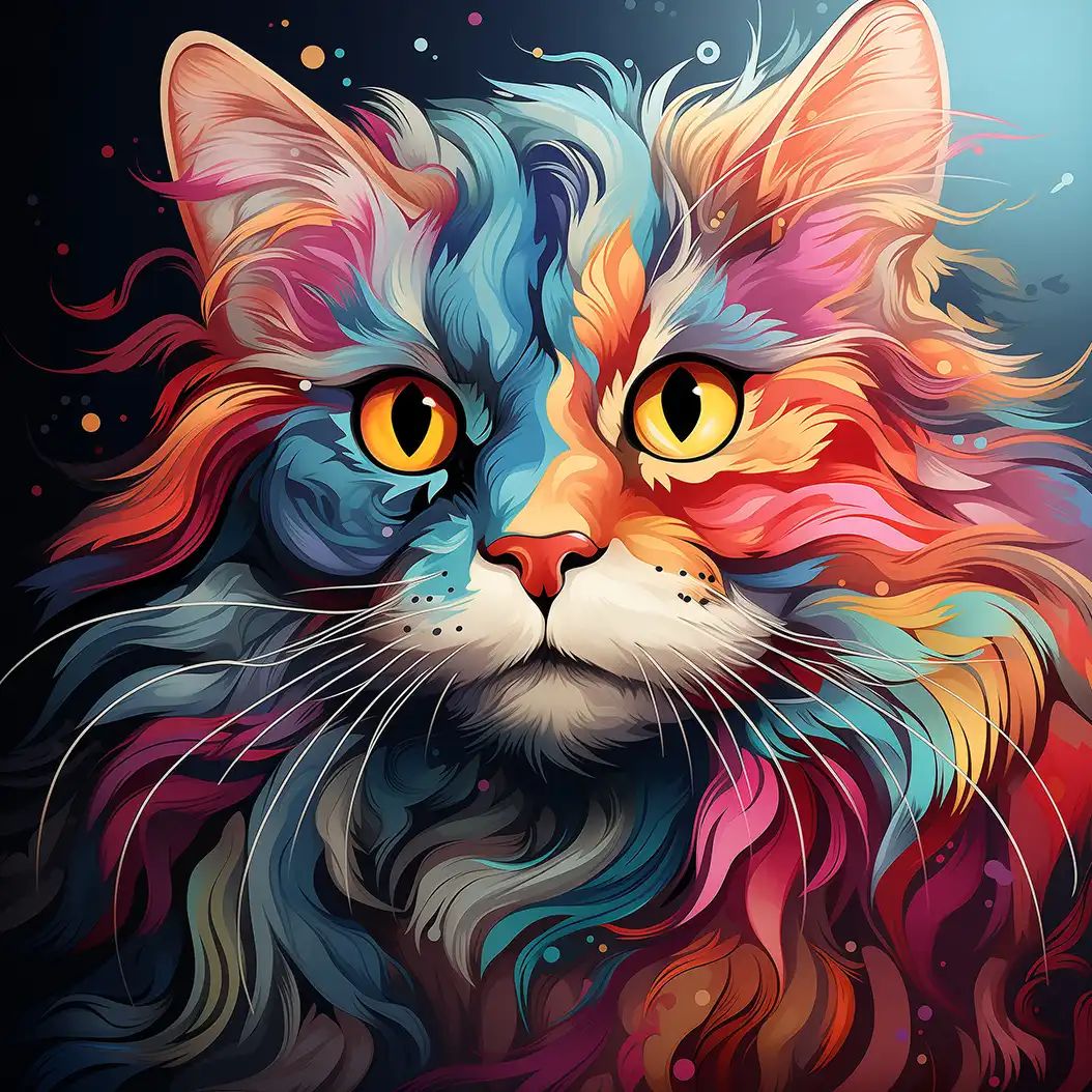 Vivid digital illustration of a cat's face with curled ears and swirling multicolored fur in blue, pink, and orange hues.