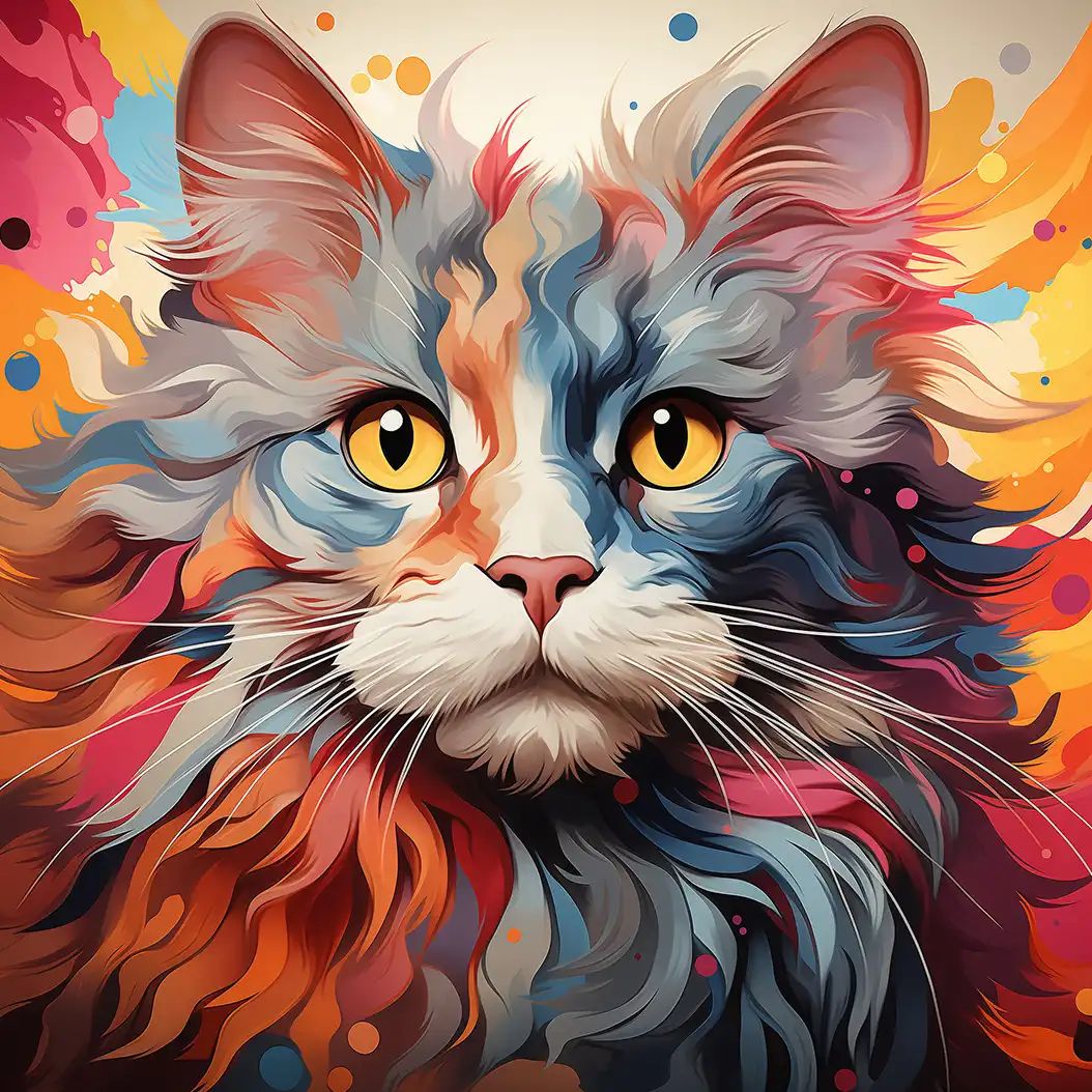 Artistic portrait of an American Curl cat with curled ears and colorful fantasy-style fur.