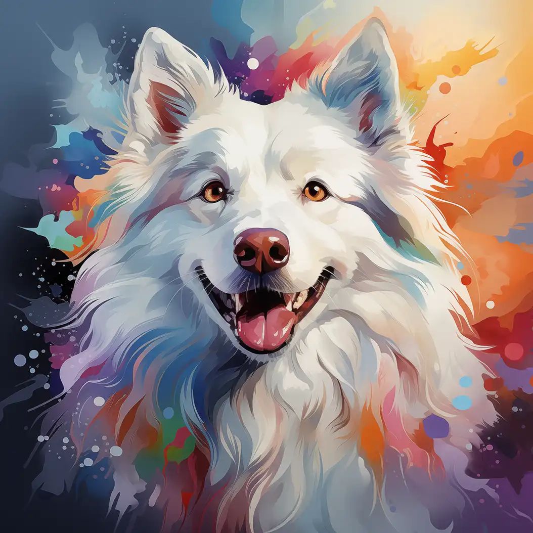 Cheerful digital portrait of a fluffy American Eskimo dog with colorful vibrant background.