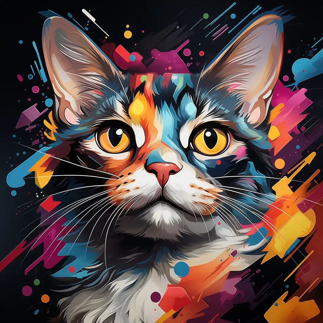 Vibrant artistic illustration of an American Wirehair cat with glowing eyes and neon abstract effects.