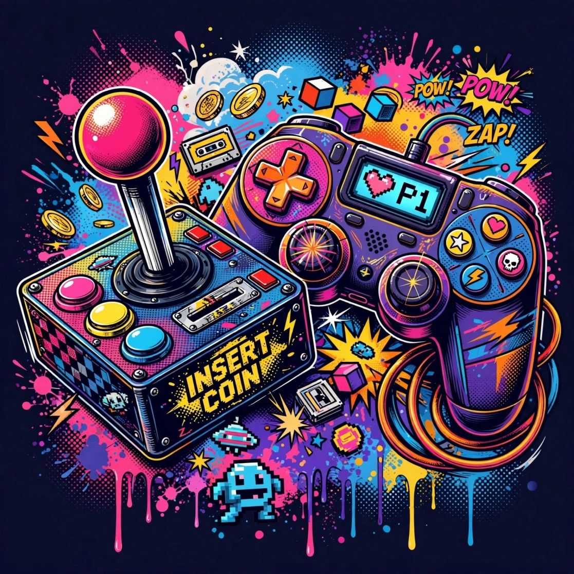 Colorful pop art style illustration of arcade gaming equipment including a joystick and game controller surrounded by coins, power-up symbols, and comic book action words like POW and ZAP against a dark background with splashing neon colors