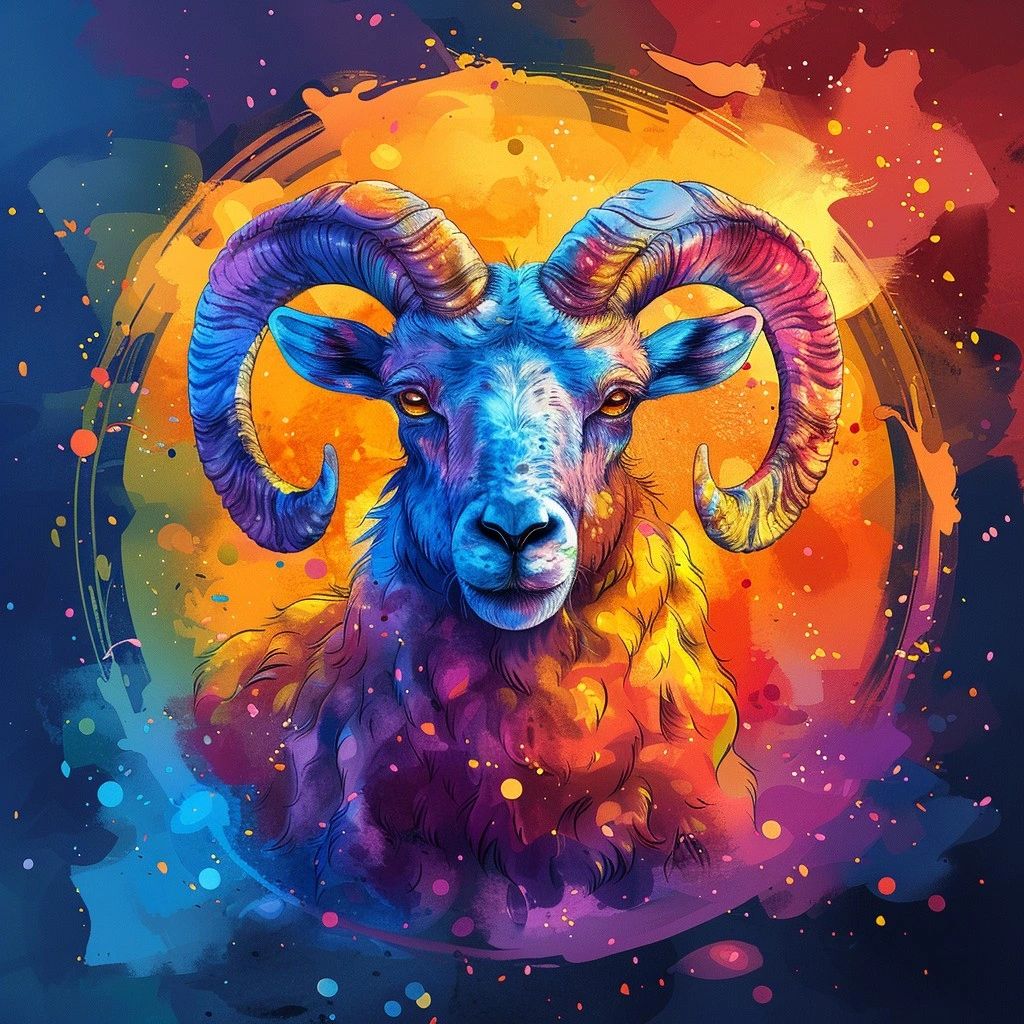 A colorful digital portrait of a ram with large curved horns, rendered in shades of blue, purple, and gold against an orange and dark background with splashing paint effects and glowing particles
