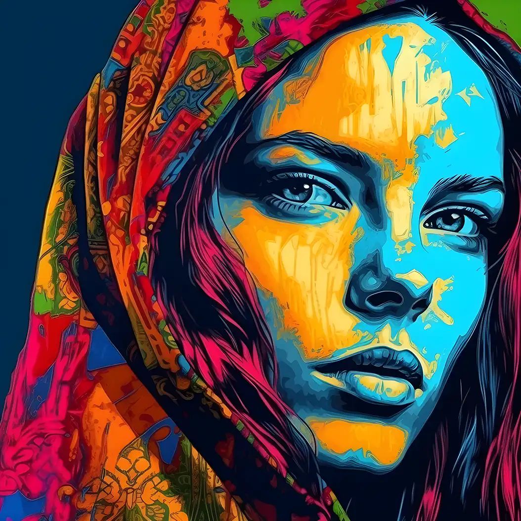 Artistic colorful portrait of a woman in fresco realism pop-art style with vibrant facial tones.