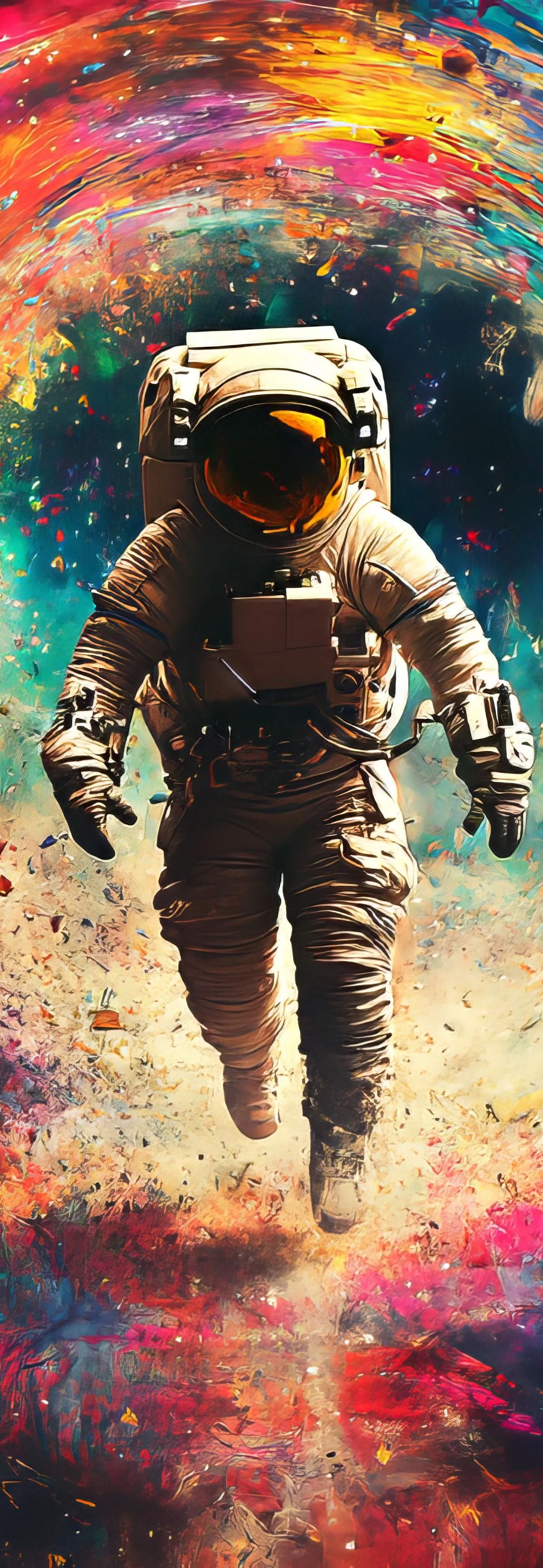 An astronaut in a white spacesuit walking toward the viewer through a colorful spiral wormhole of red, orange, yellow, teal, and pink paint-like textures