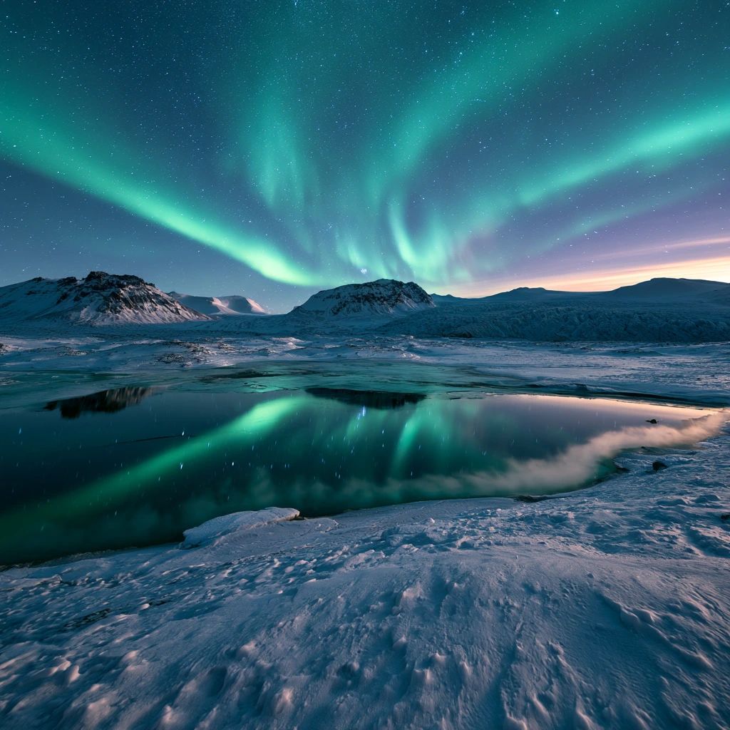 Northern lights streaming across a starry sky above snow-covered mountains and a partially frozen lagoon at twilight