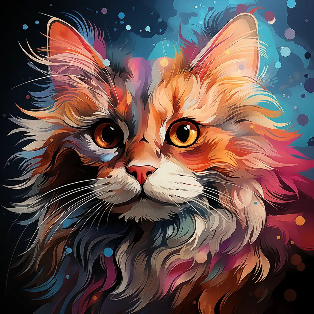 Artistic colorful portrait of an Australian Mist cat with fluffy fur and glowing amber eyes.