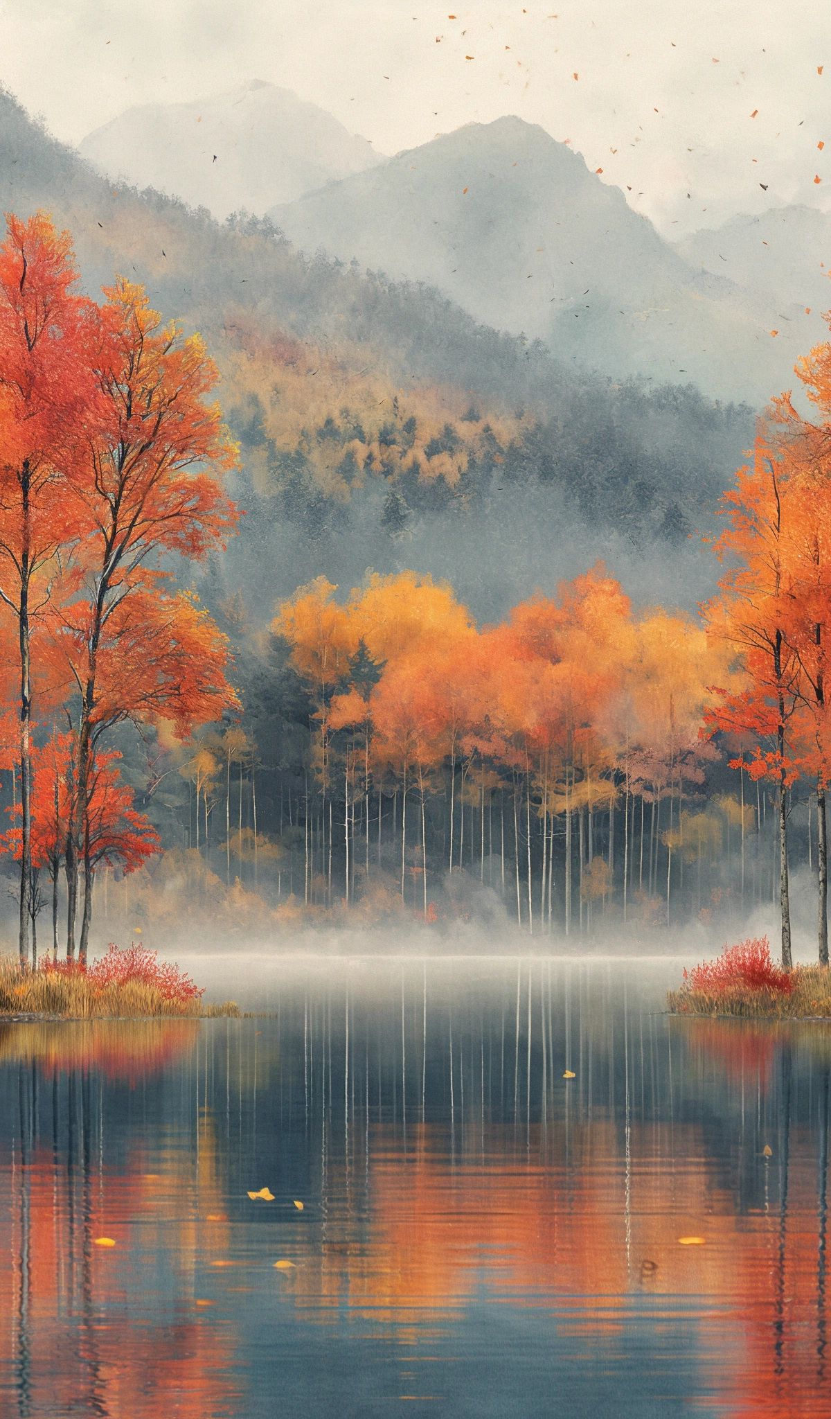 Autumn forest scene with vibrant orange and red birch trees lining both sides of a still lake, mountains visible in misty background, fallen leaves floating in air