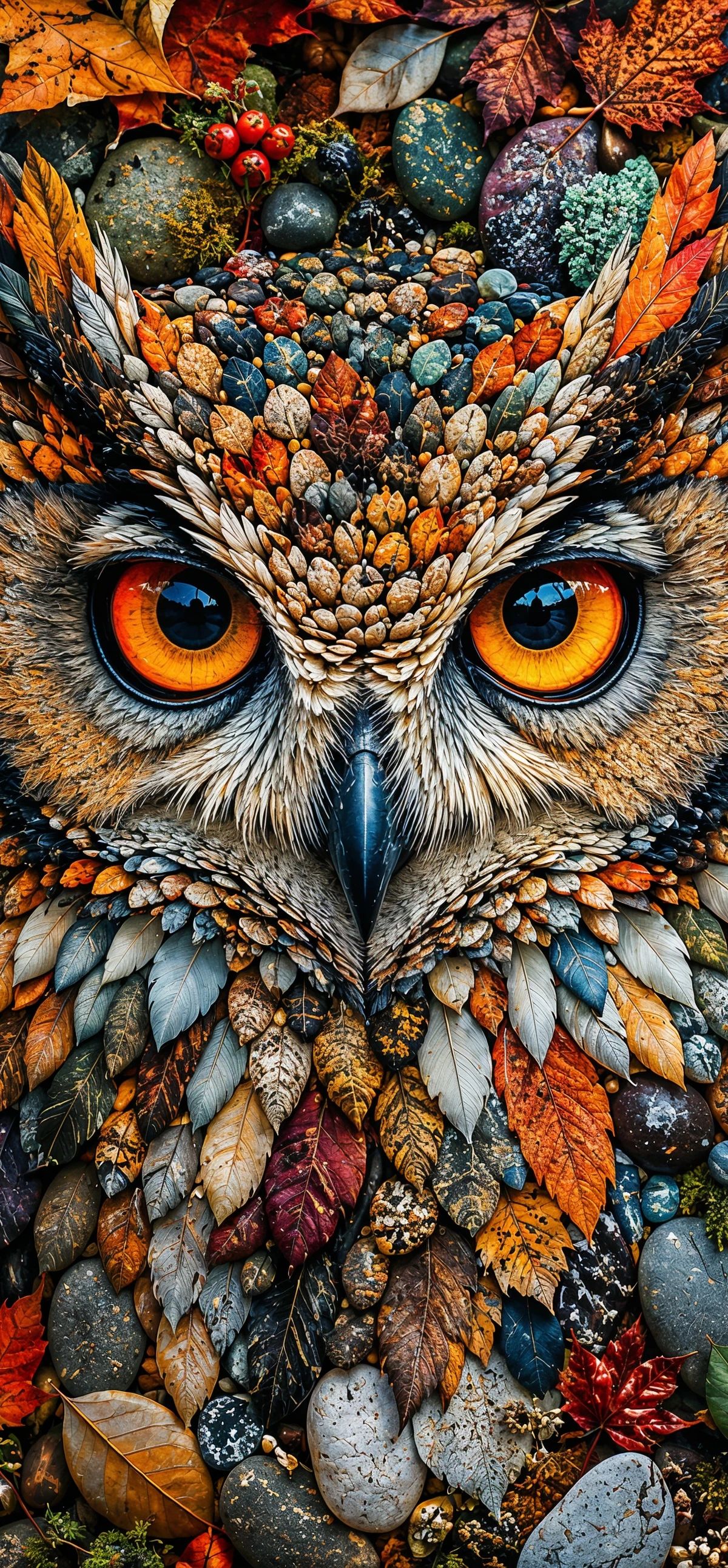 A detailed owl with golden eyes surrounded by autumn leaves, berries, stones, and moss in warm fall colors