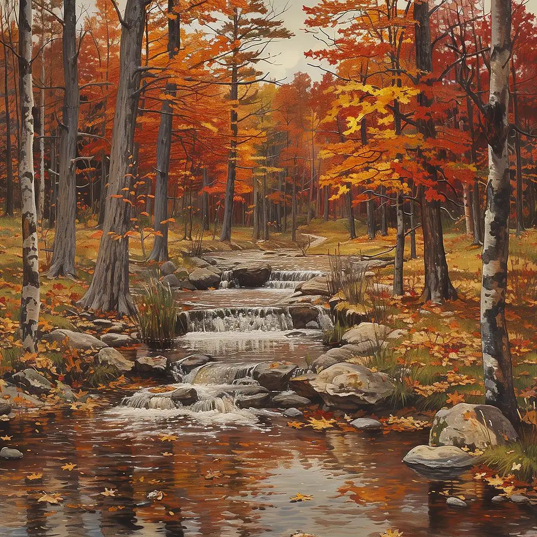 A peaceful autumn woodland with a small cascading stream running through colorful red, orange, and gold trees.