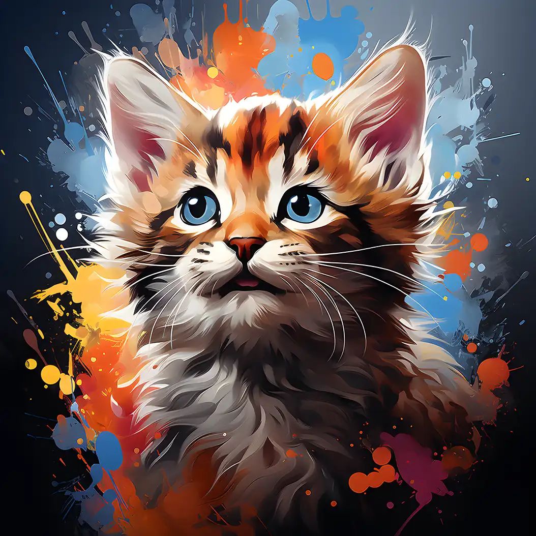Artistic digital portrait of a fluffy baby bobcat kitten with colorful abstract paint splashes.