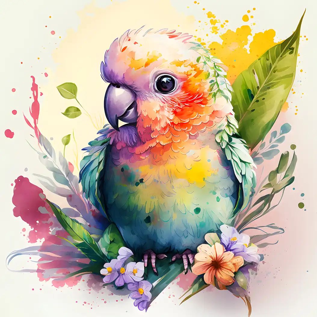 Watercolor illustration of a baby parrot with pastel rainbow feathers surrounded by tropical leaves and flowers.