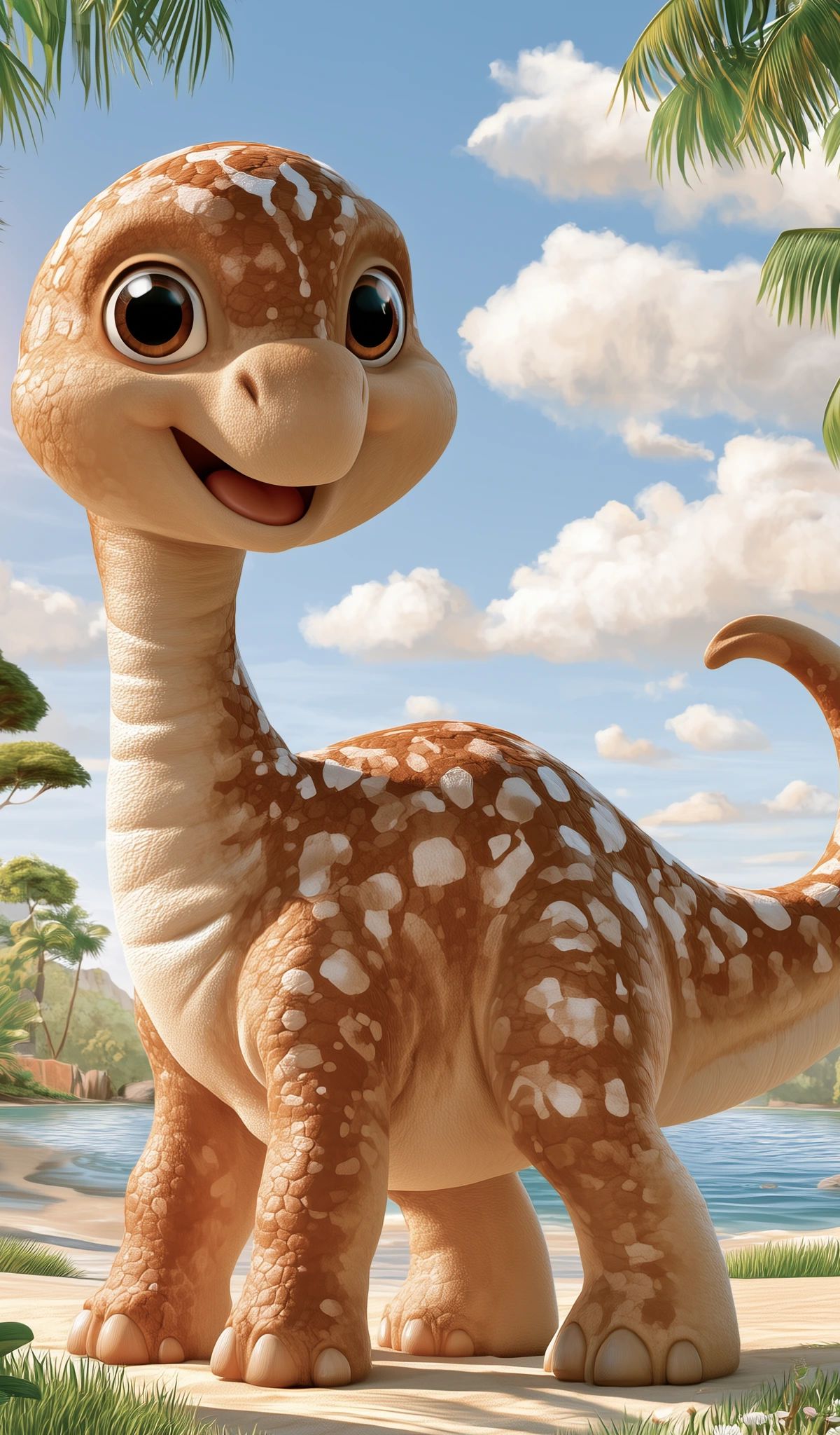 A smiling brown sauropod dinosaur with white spots standing in a tropical landscape surrounded by palm trees, flowers, and a blue lagoon under a cloudy sky