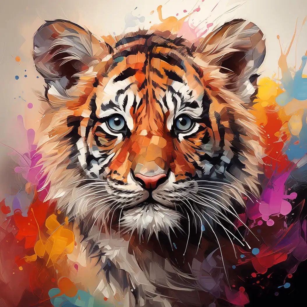 Bright colorful portrait of a baby tiger cub with vivid orange fur and abstract splash effects.