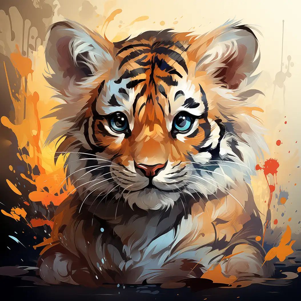 Soft artistic portrait of a baby tiger with warm orange tones and abstract paint splashes.