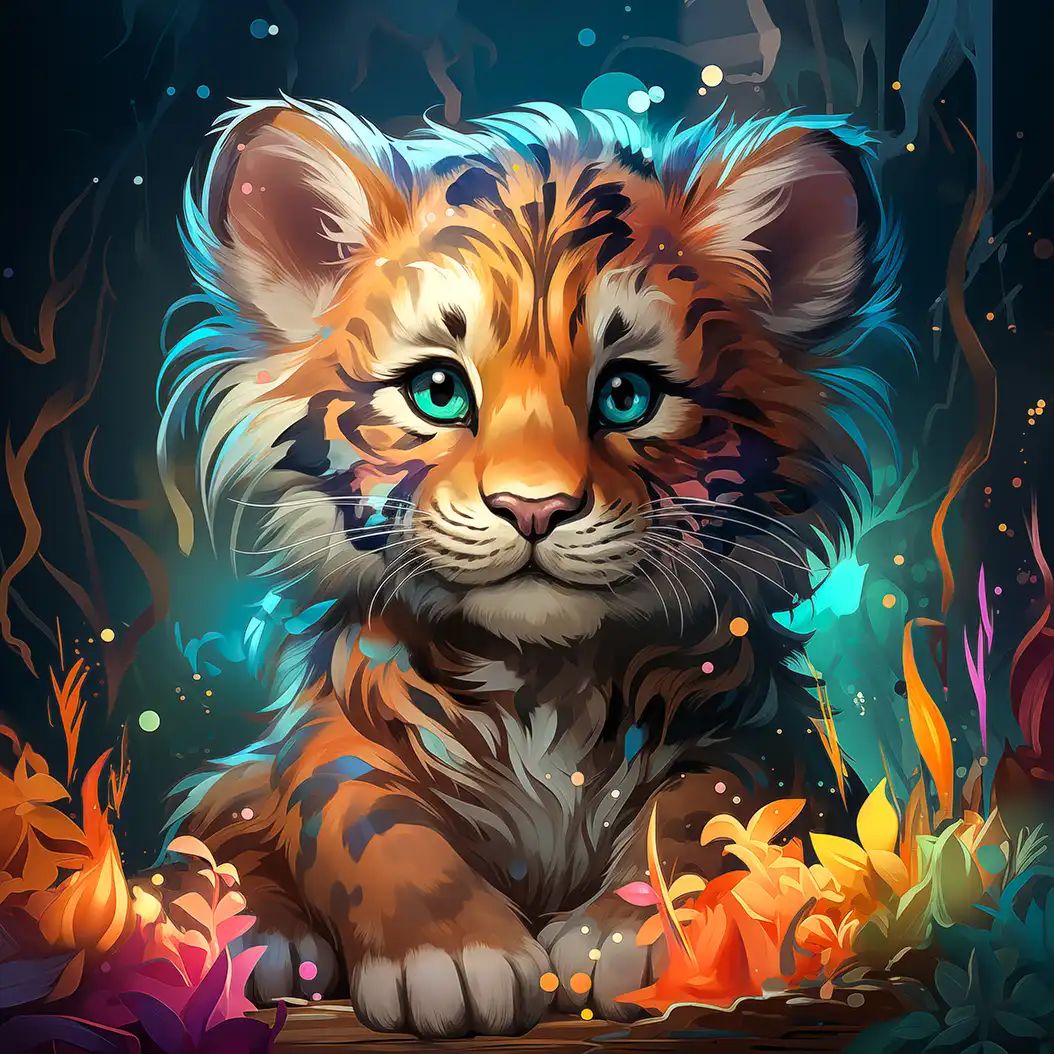 Fantasy-inspired digital painting of a playful baby tiger sitting in a glowing forest scene.