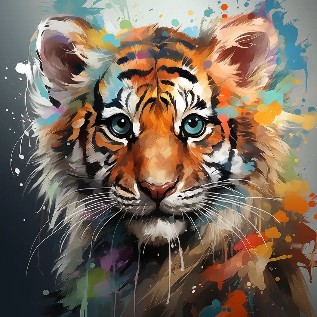 Artistic watercolor-style portrait of a baby tiger with expressive eyes and colorful abstract splashes.