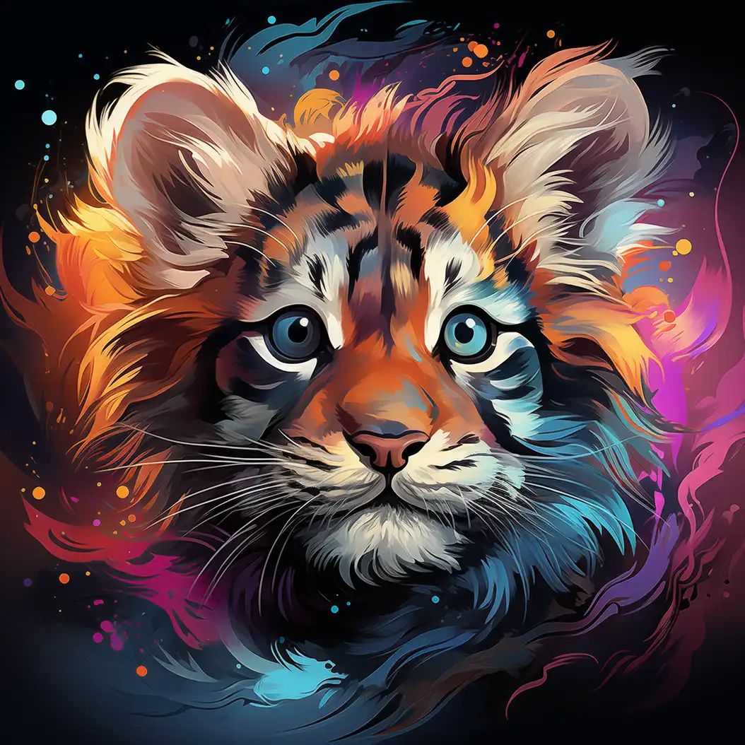 Vibrant digital portrait of a baby tiger cub with glowing blue eyes and colorful fur effects.