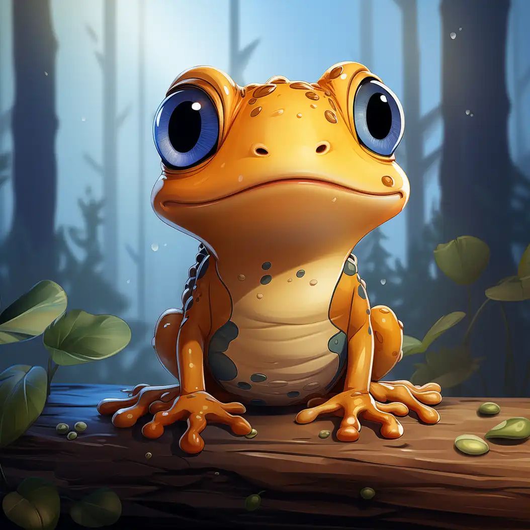 Cute fantasy-style digital illustration of a baby toad with large blue eyes in a forest setting.