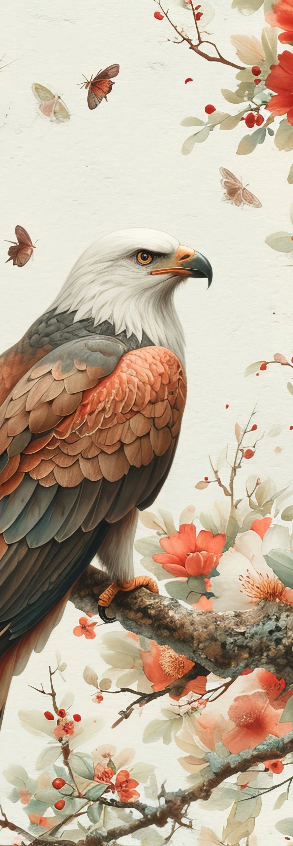 A bald eagle with white head and brown wings sits on a branch surrounded by coral and pink flowers, green foliage, and butterflies against a cream background