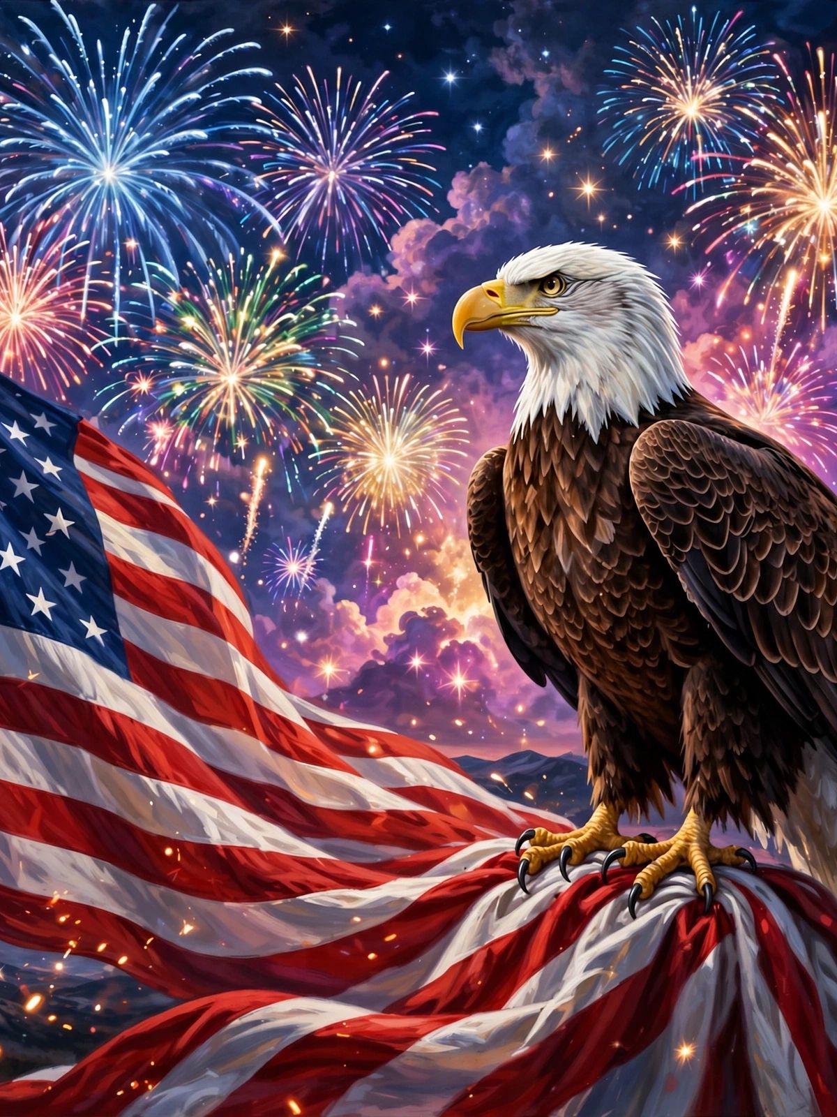 A bald eagle with white head and brown body stands on an American flag against a night sky filled with colorful fireworks in blue, gold, and red
