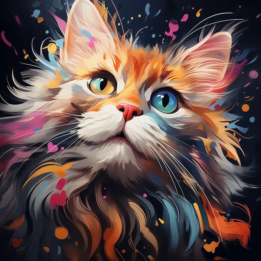 Fantasy-inspired portrait of a fluffy Bambino cat with glowing blue eyes and colorful fur details.