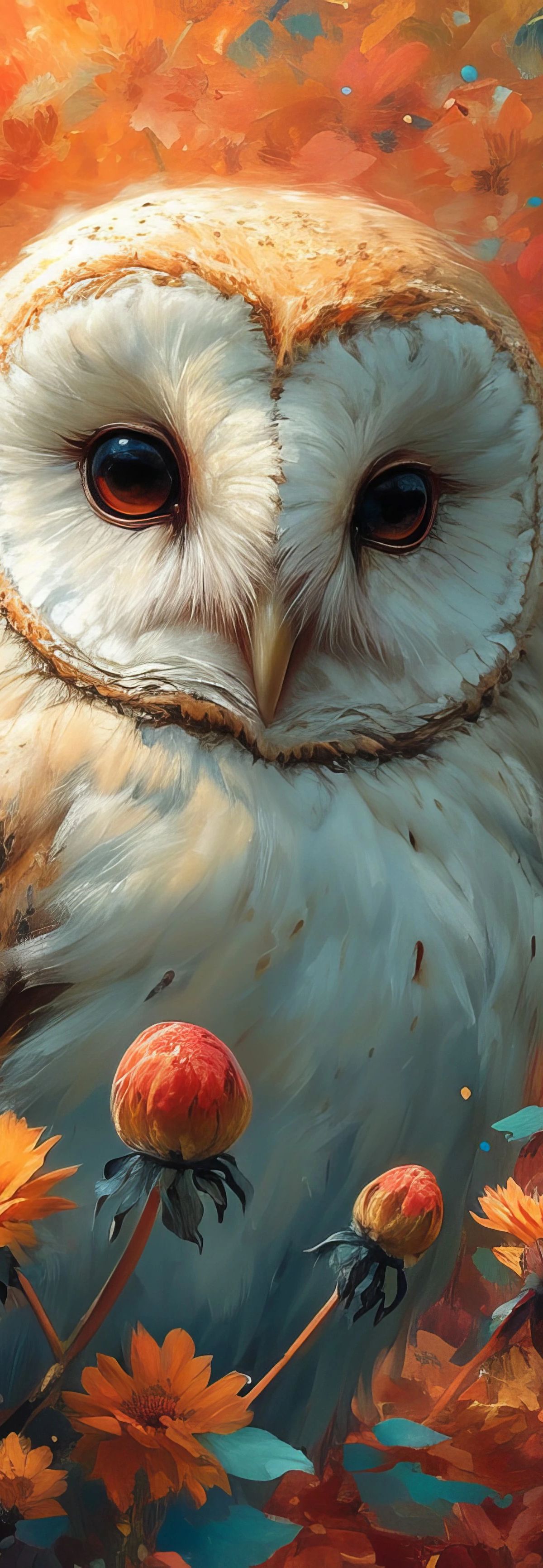 A white barn owl with brown markings surrounded by orange and yellow daisies against a warm, painterly background with teal accents