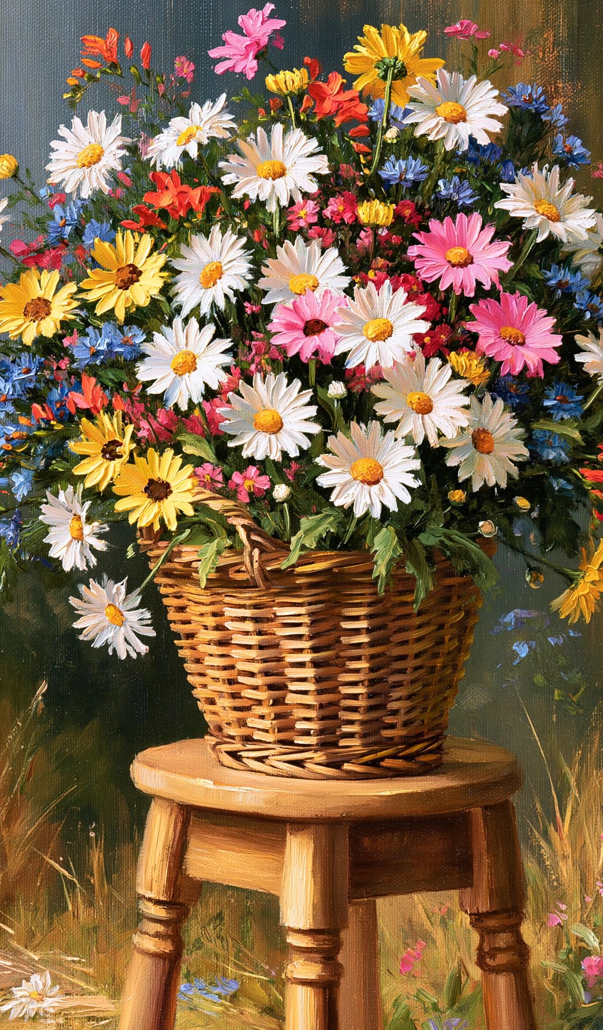 Oil painting of a wicker basket filled with colorful wildflowers including white daisies, pink and yellow blooms, and blue flowers, positioned on a wooden stool against a garden backdrop