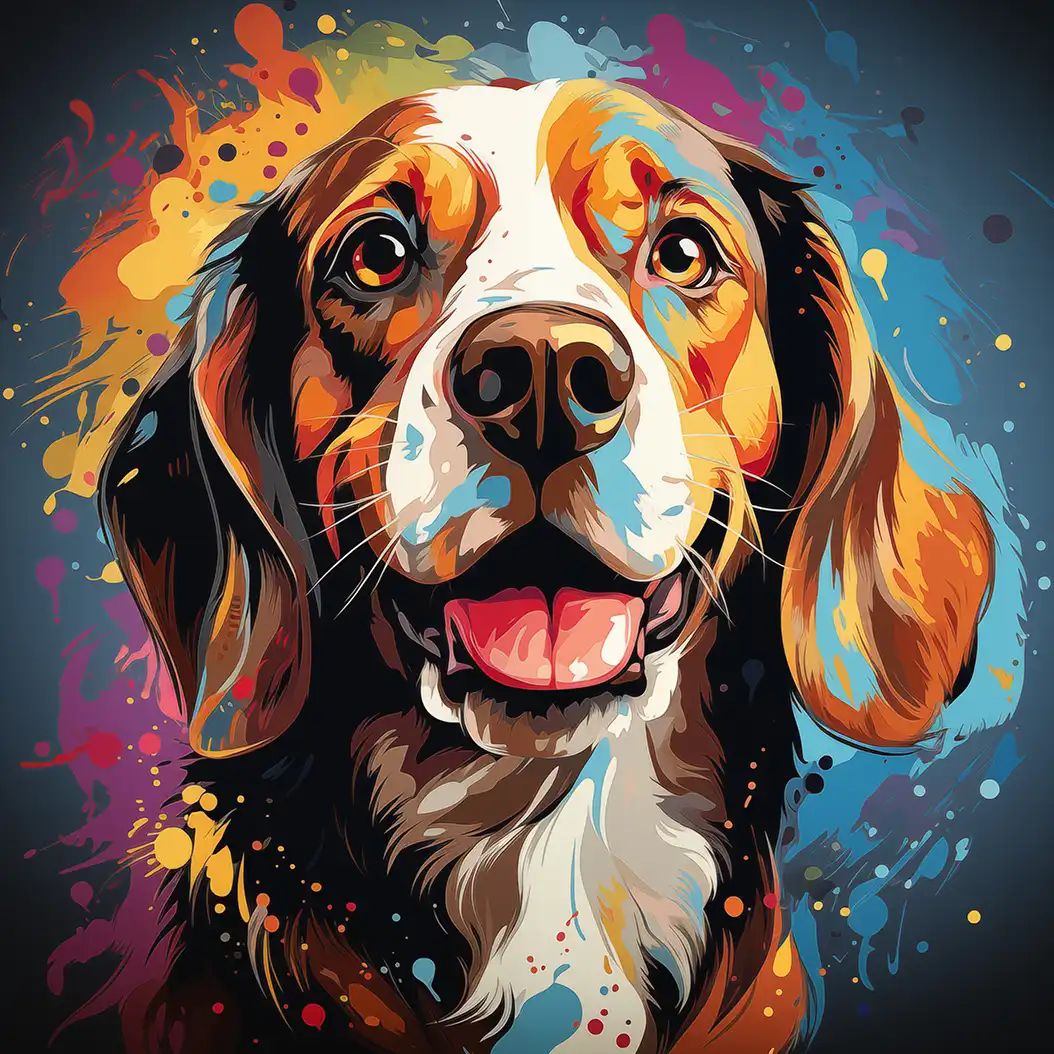 Vibrant digital portrait of a happy Beagle dog with colorful abstract paint splash effects.