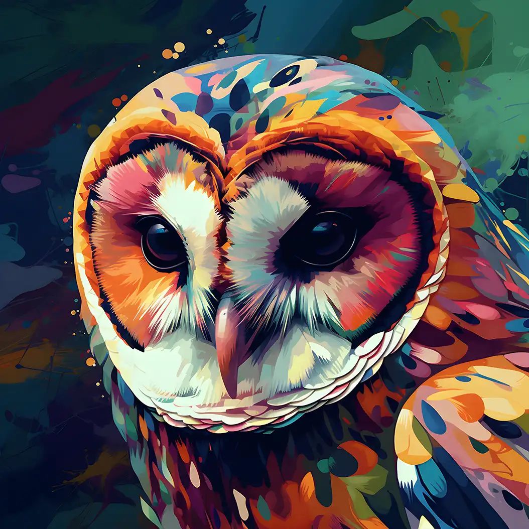 Vibrant digital illustration of a barn owl's face rendered in bold multicolored splashes against a dark abstract background.