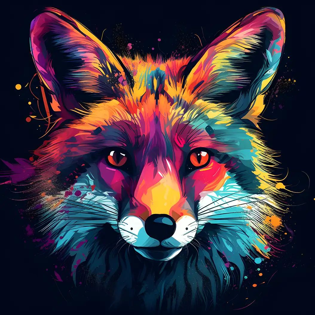 Vivid digital illustration of a fox face in neon pink, orange, and teal hues against a black background with paint splatter accents.