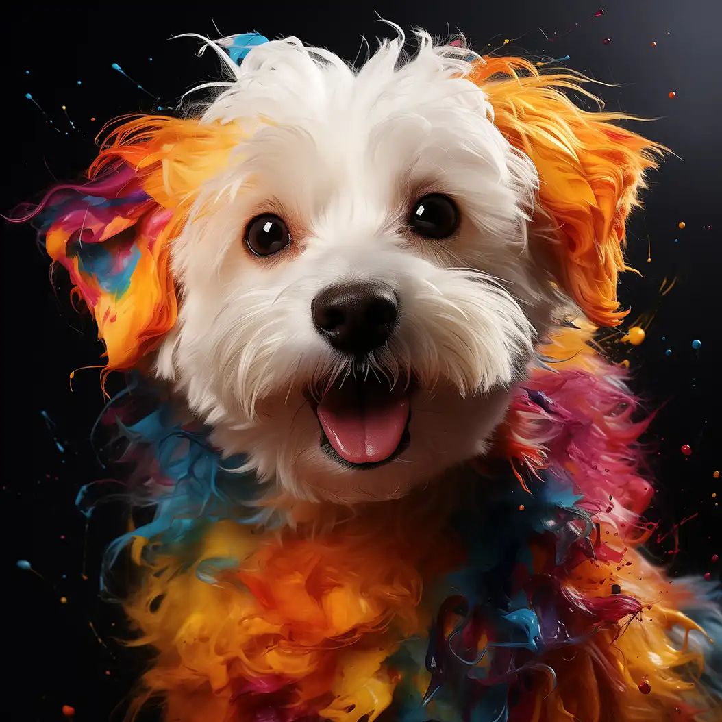 Vibrant artistic painting of a fluffy Bichon Maltese puppy with glowing colorful effects.