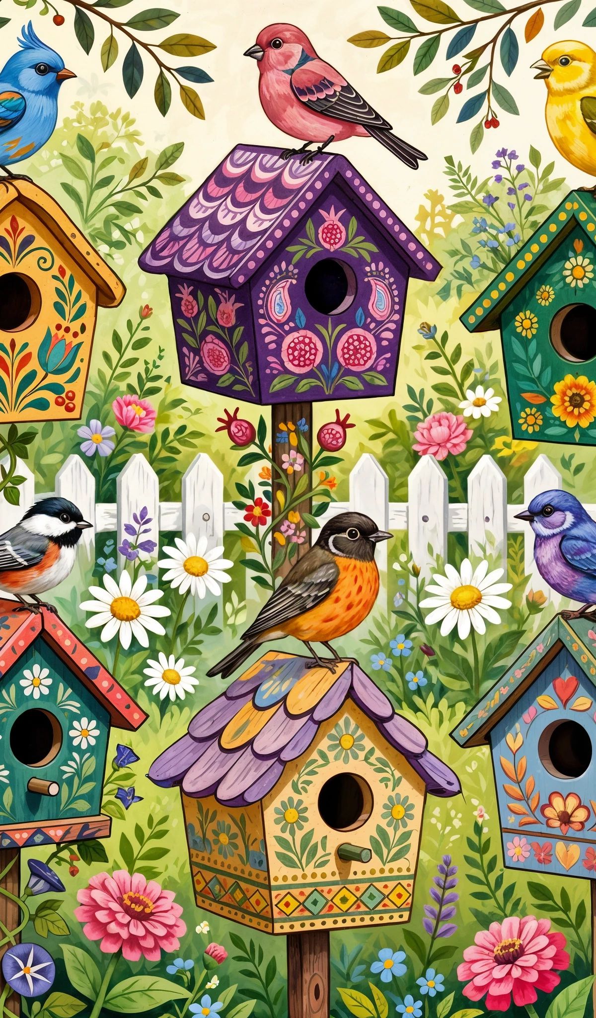 Illustration of six ornately decorated birdhouses in various colors and patterns, each with a different bird, set among flowering plants, green leaves, and a white picket fence