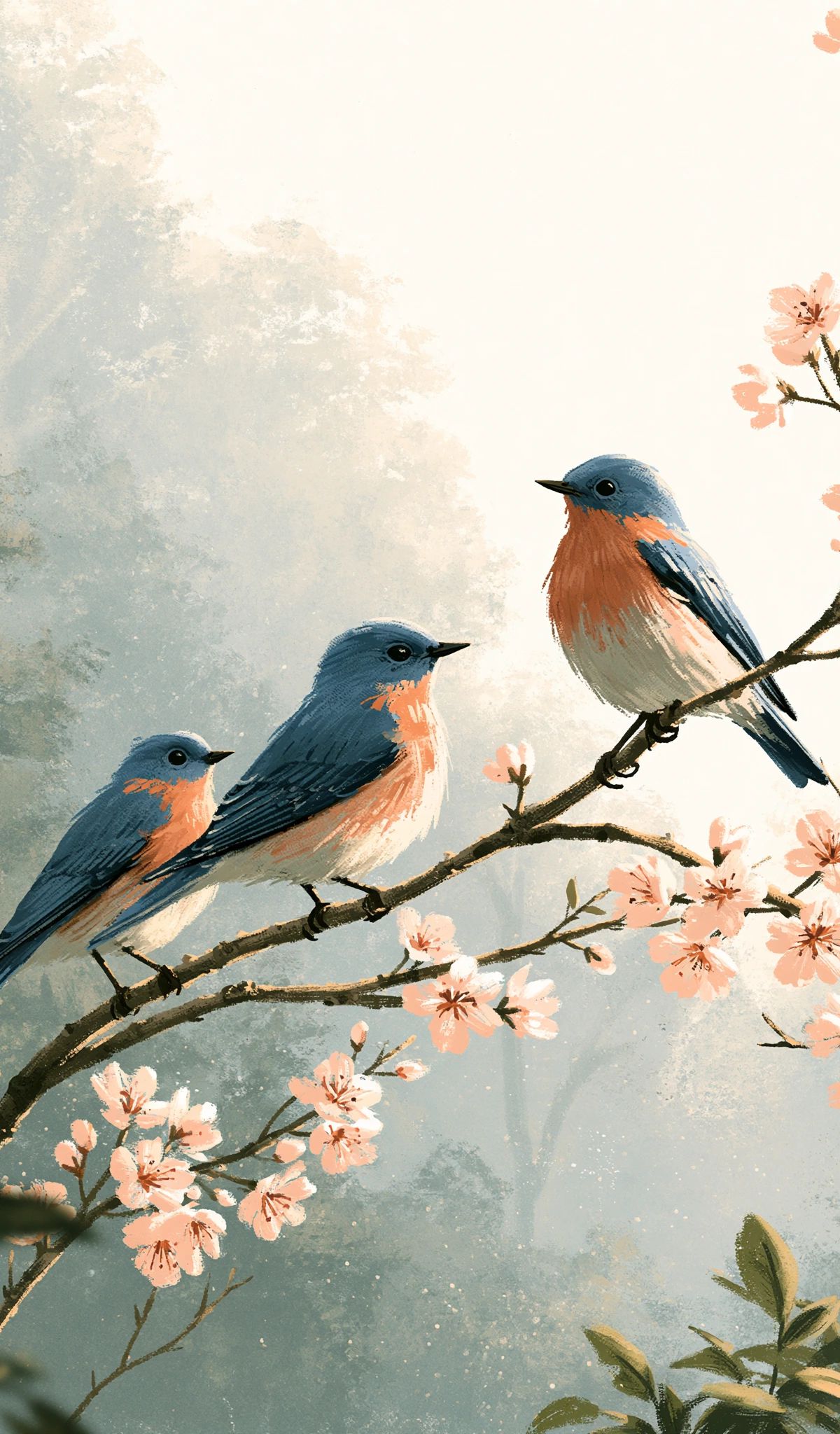 Three blue and orange birds sitting on flowering branches surrounded by pink blossoms in a misty forest setting