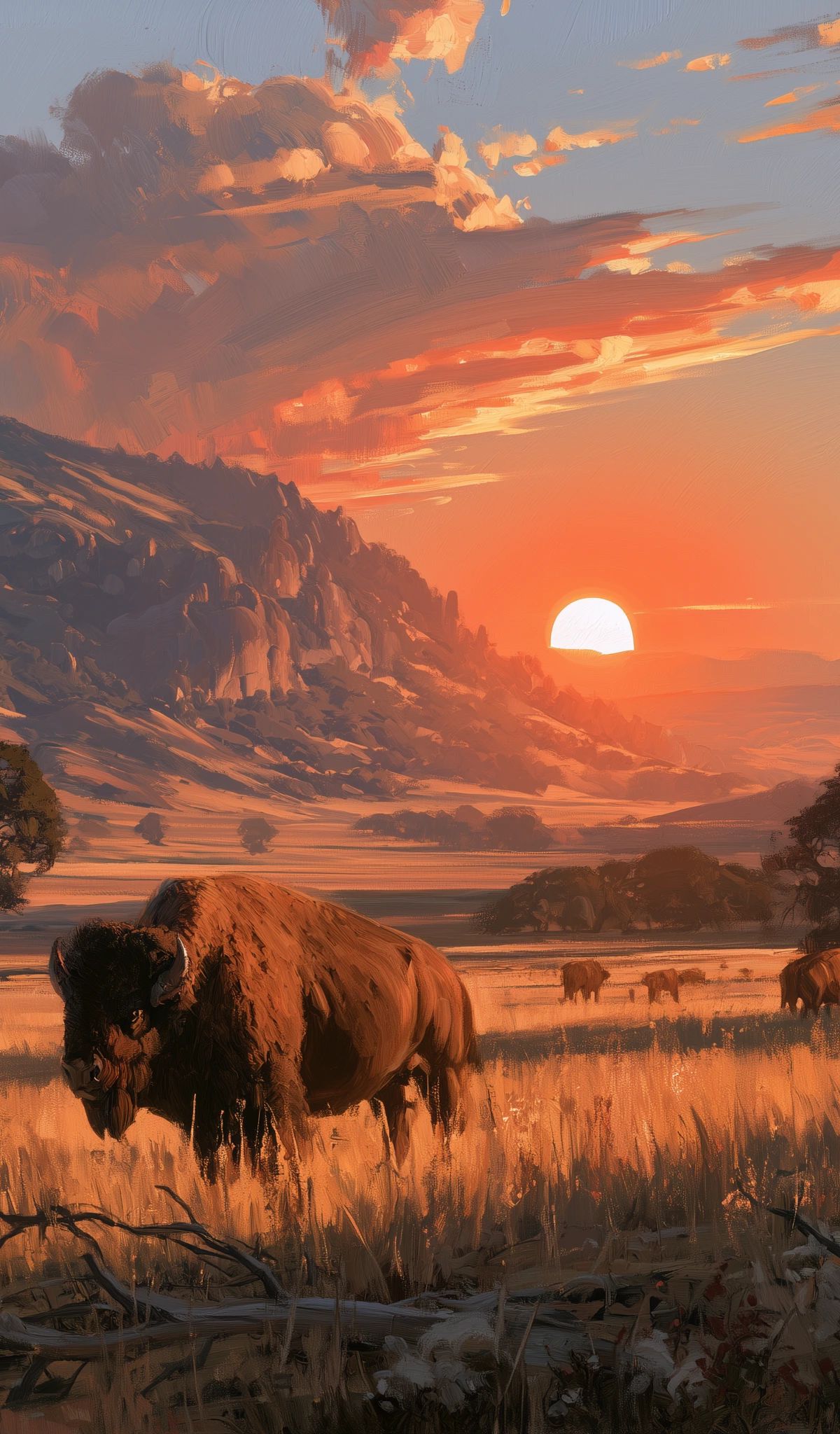 A large bison grazes in golden grassland with more bison visible in the distance, framed by acacia trees and a rocky mountain, beneath a dramatic sunset sky with orange and amber clouds