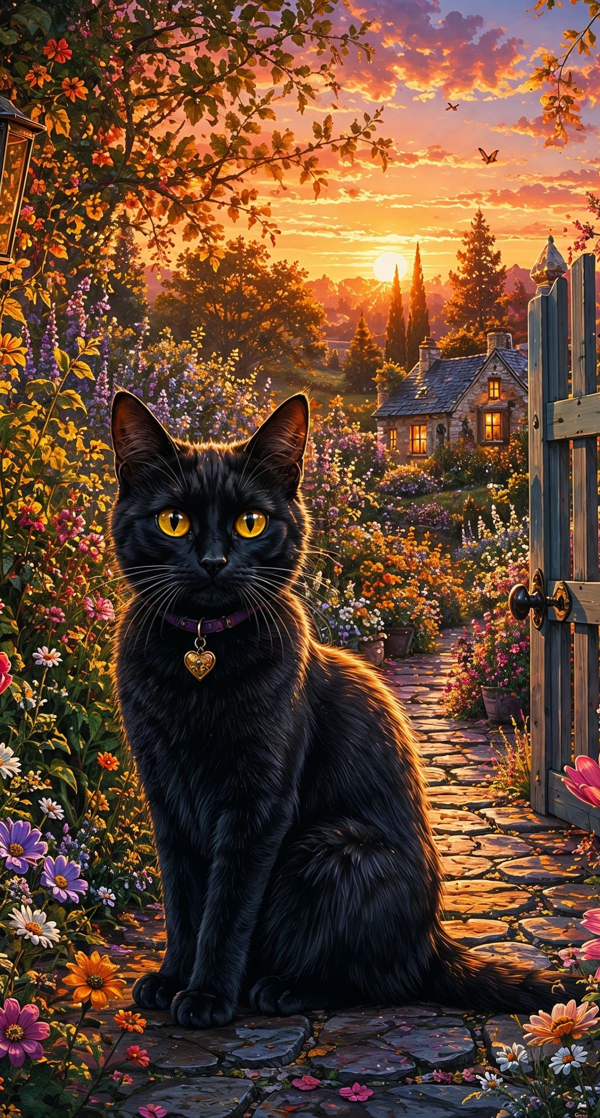 A black cat with yellow eyes sitting at a decorative gate surrounded by pink, orange, purple and white flowers, with a sunset-lit village visible beyond the gate