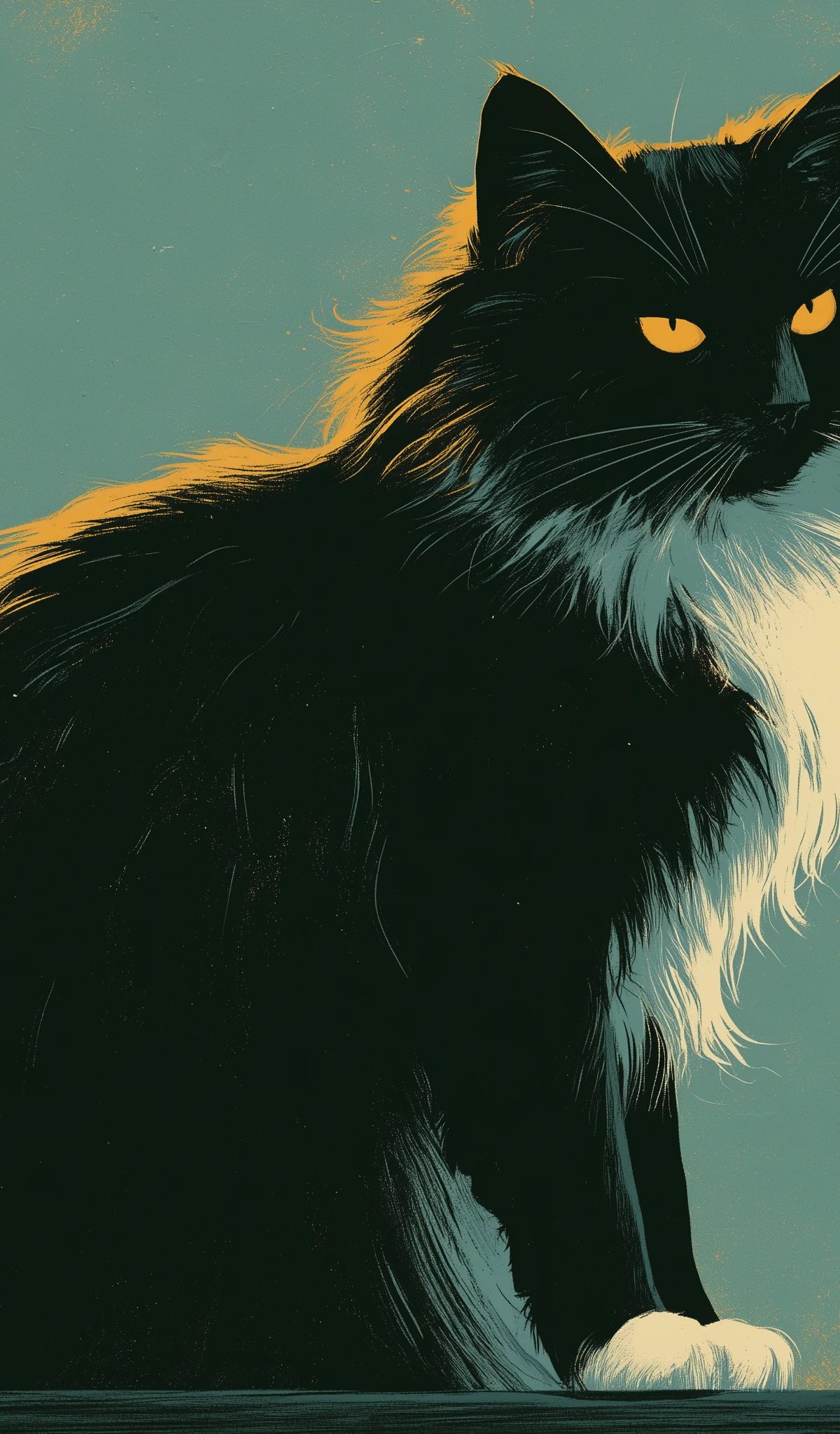 A black long-haired cat with yellow eyes looking at the viewer, illuminated by golden light against a teal-green background