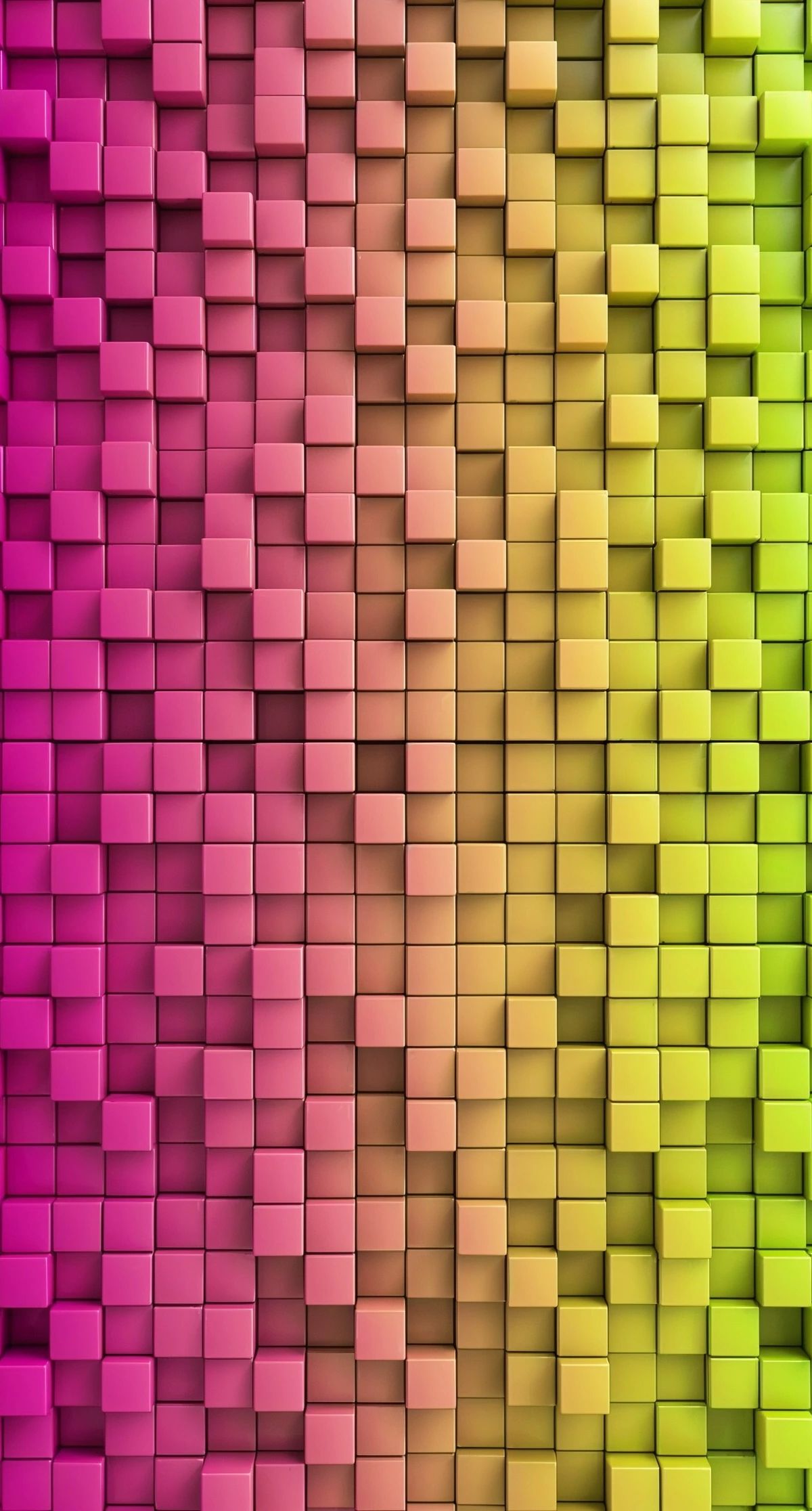 A 3D mosaic of colored cubes transitioning smoothly from magenta and pink on the left through peach and gold in the center to yellow-green and bright lime green on the right